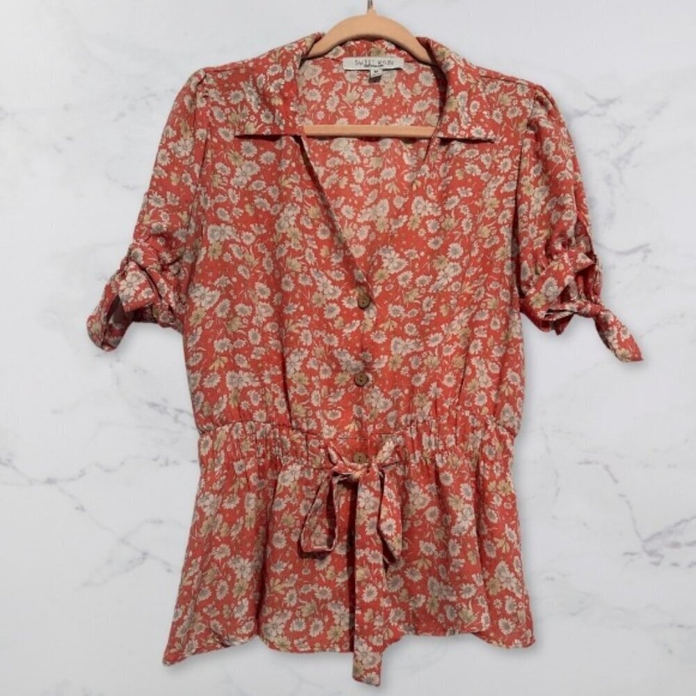 Sweet Rain Pink Floral Abstract Wood Button-Up Front Tie Top Blouse Red W Medium